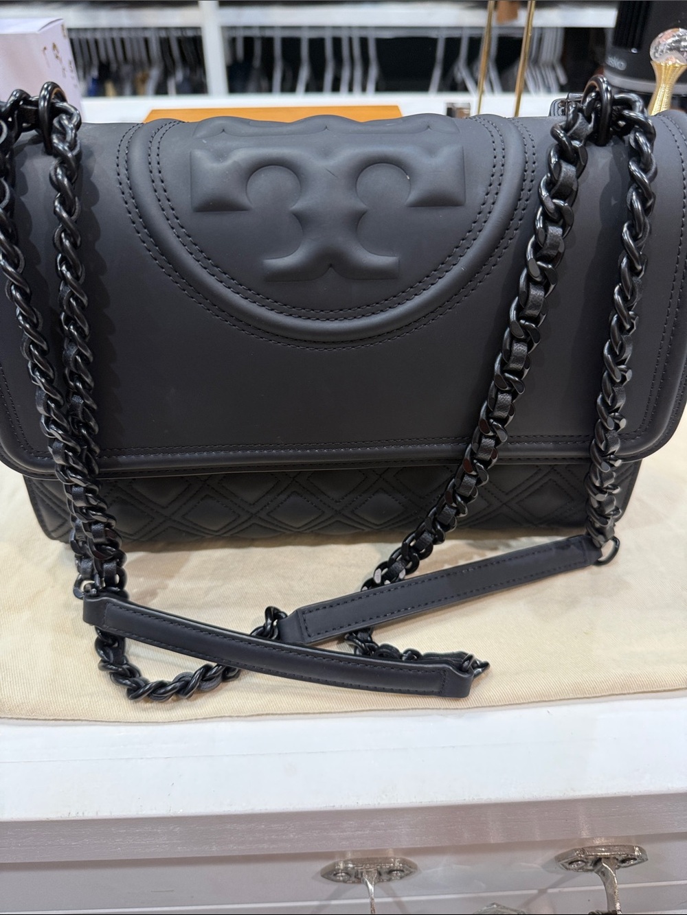 Authentic Tory Burch Matte Black Quilted Chain Shoulder Bag